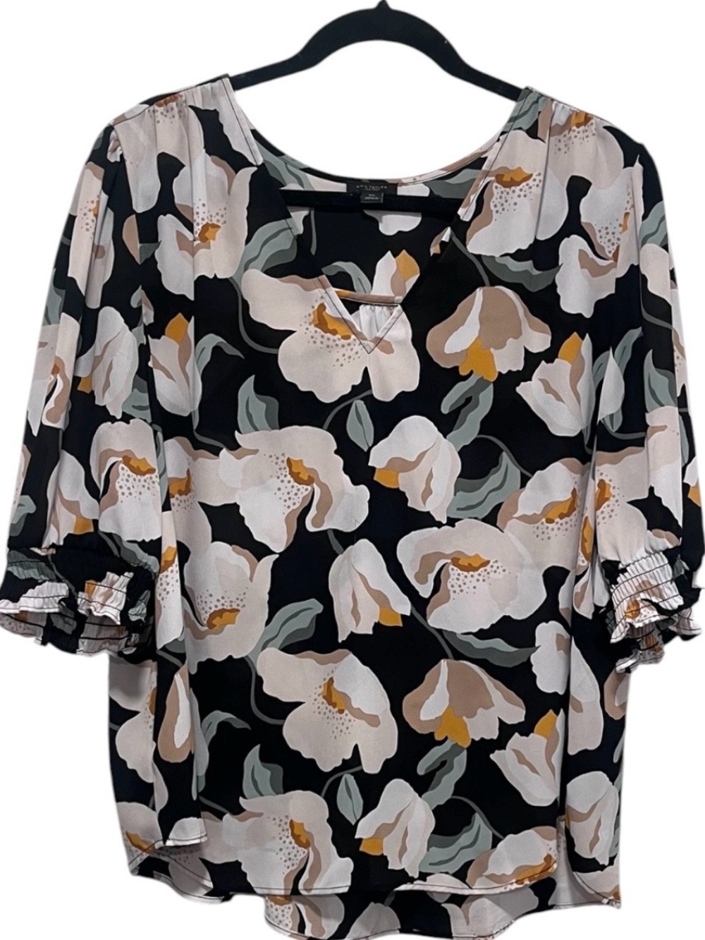 Ann Taylor Factory XXL Floral Blouse Ruffle Sleeve V Neck Black